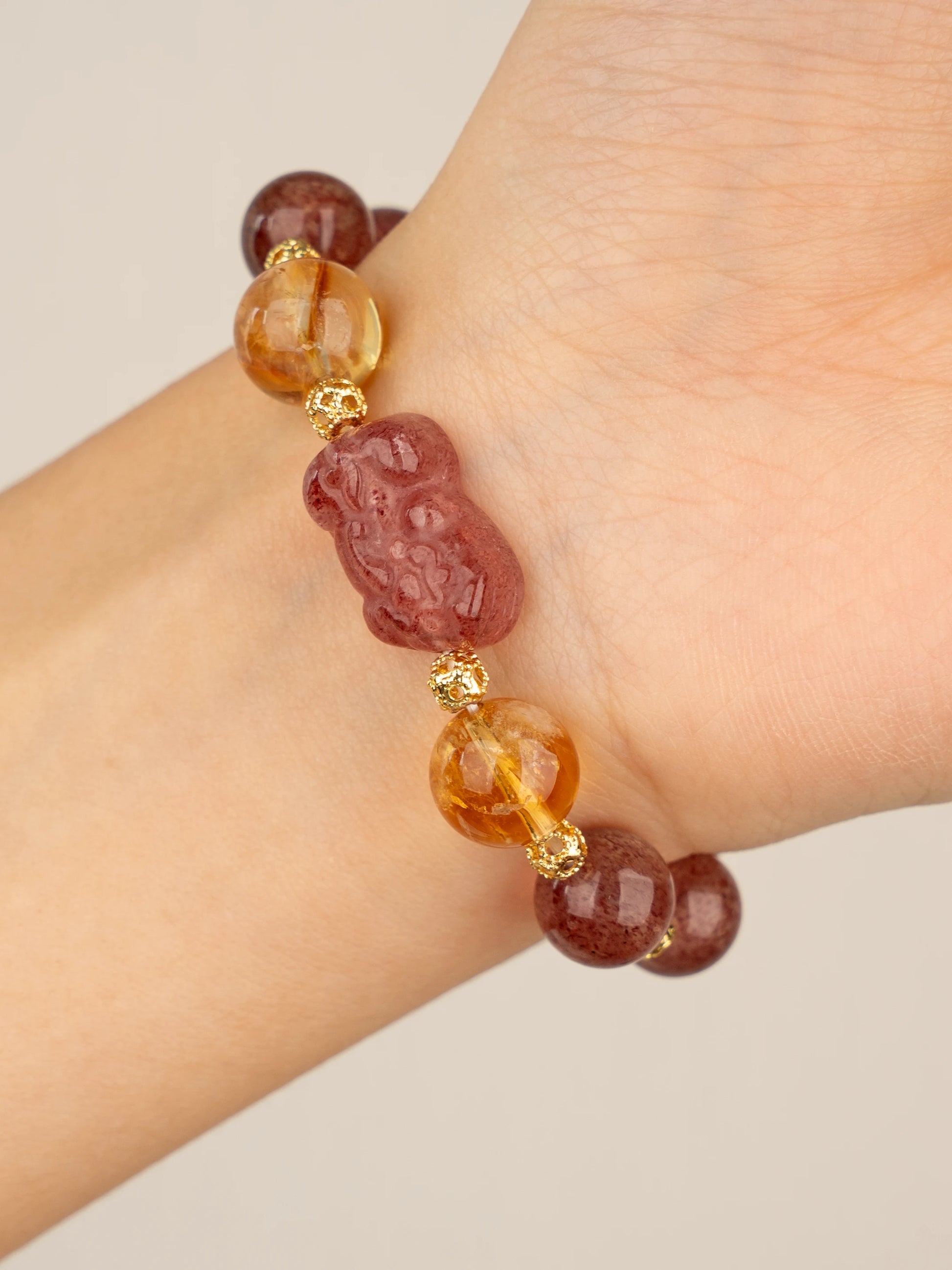 SENLLY Strawberry Fortune - Beaded Stretch Bracelet with Strawberry Quartz, Citrine & Pixiu Charm, Handmade Natural Stone Jewelry for Luck, Warmth & Emotional Balance