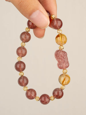 SENLLY Strawberry Fortune - Beaded Stretch Bracelet with Strawberry Quartz, Citrine & Pixiu Charm, Handmade Natural Stone Jewelry for Luck, Warmth & Emotional Balance