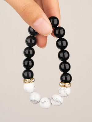 SENLLY Monochrome Balance - Beaded Stretch Bracelet with Howlite & Black Agate, Handmade Natural Stone Jewelry for Calm, Focus & Grounding