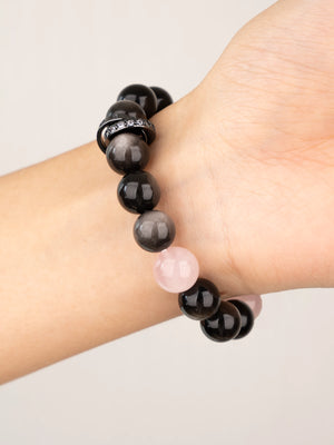 SENLLY Soft Eclipse - Beaded Stretch Bracelet with Silver Obsidian & Rose Quartz, Handcrafted Natural Stone Jewelry for Calm, Balance & Clarity