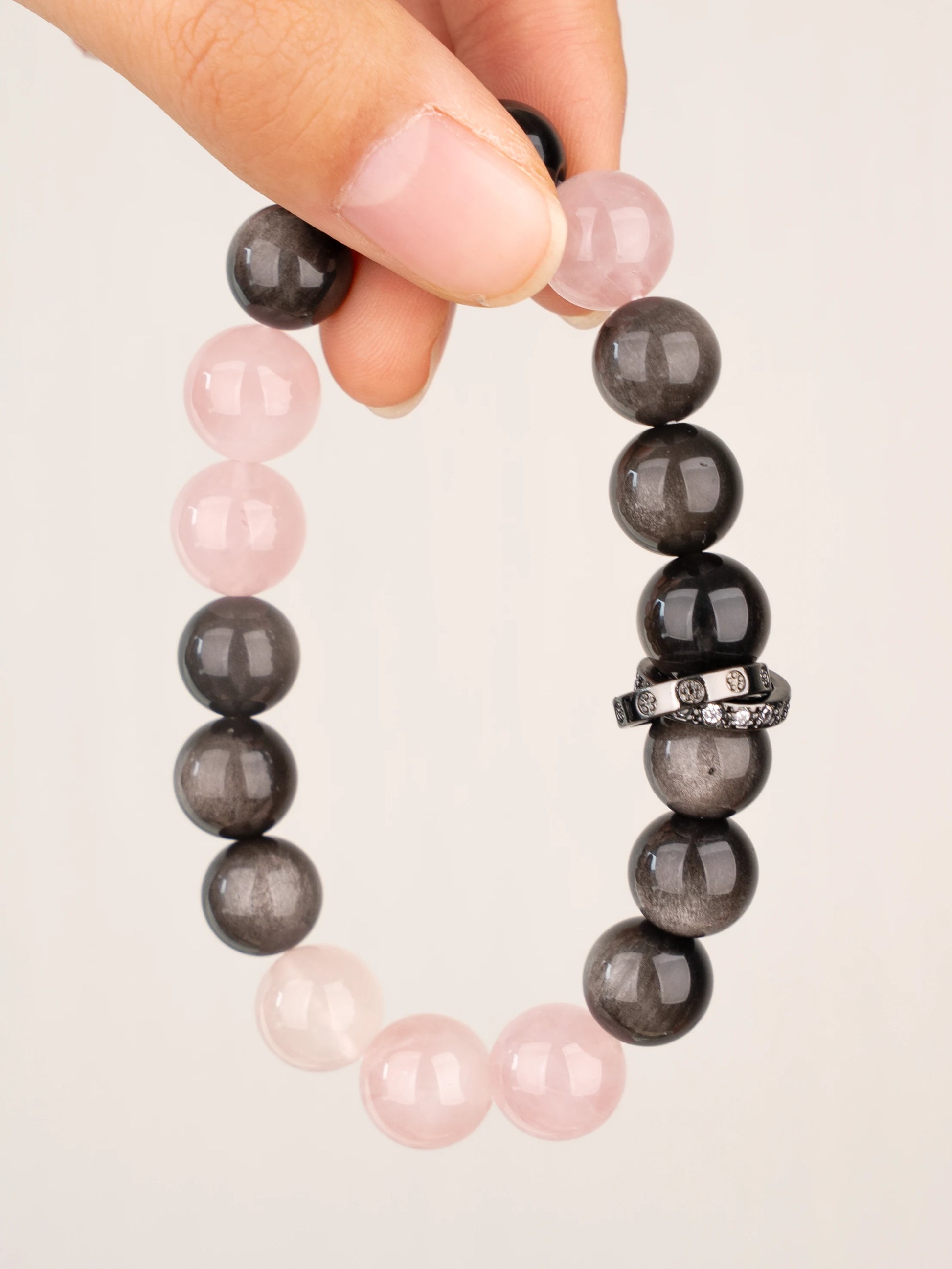 SENLLY Soft Eclipse - Beaded Stretch Bracelet with Silver Obsidian & Rose Quartz, Handcrafted Natural Stone Jewelry for Calm, Balance & Clarity