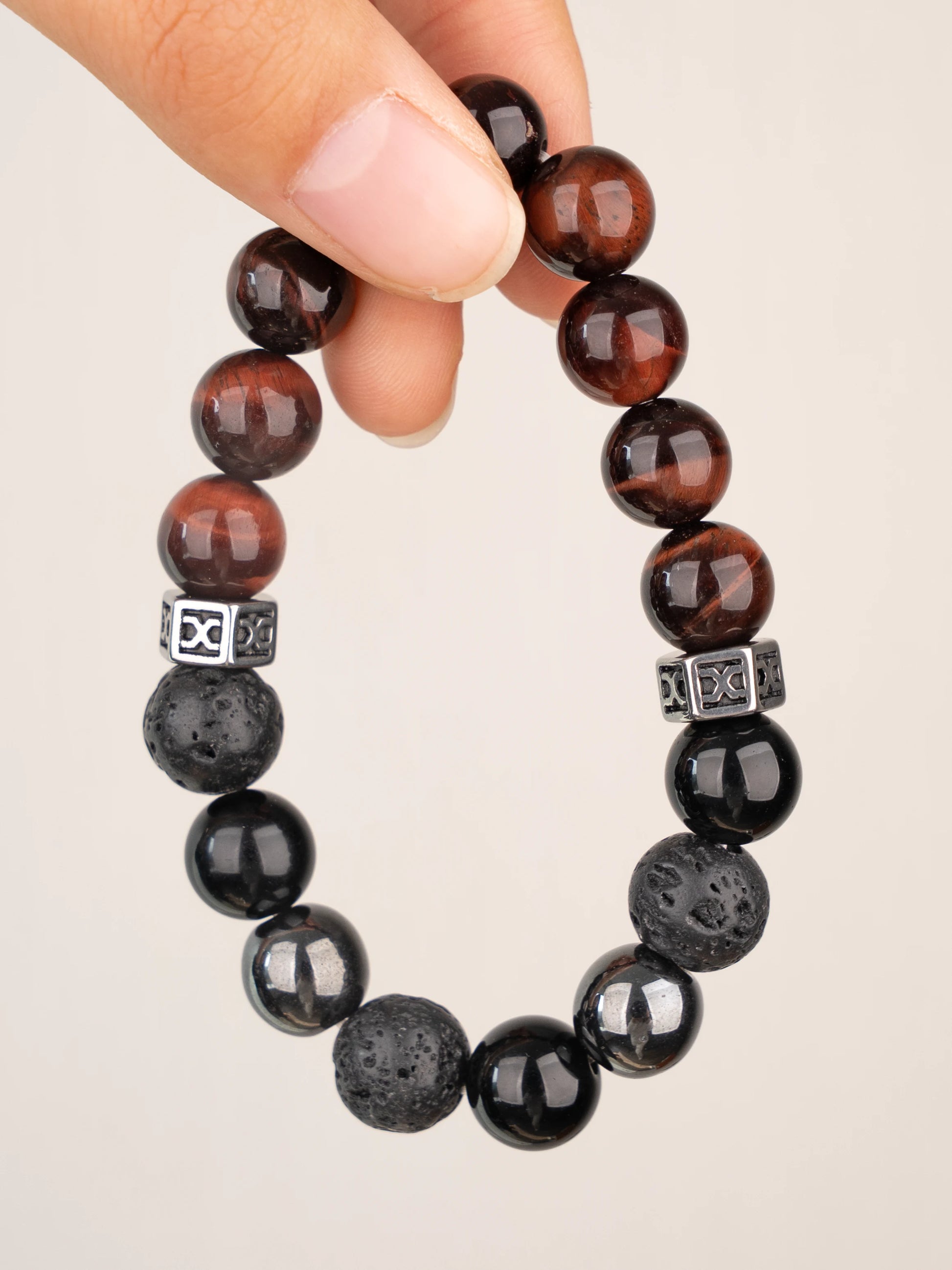 SENLLY Ember Strength - Beaded Stretch Bracelet with Red Tiger Eye, Black Agate & Natural Hematite, Handcrafted Natural Stone Jewelry for Grounding, Focus & Balance