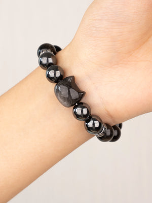 SENLLY Steel Shadow Guardian - Beaded Stretch Bracelet with Silver Obsidian, Hematite & Cat Head Carving, Handmade Natural Stone Jewelry for Protection, Focus & Balance