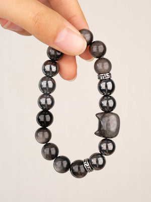 SENLLY Steel Shadow Guardian - Beaded Stretch Bracelet with Silver Obsidian, Hematite & Cat Head Carving, Handmade Natural Stone Jewelry for Protection, Focus & Balance