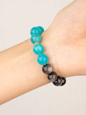 SENLLY Aqua Balance - Beaded Stretch Bracelet with Amazonite & Silver Obsidian, Handcrafted Natural Stone Jewelry for Calm, Clarity & Confidence