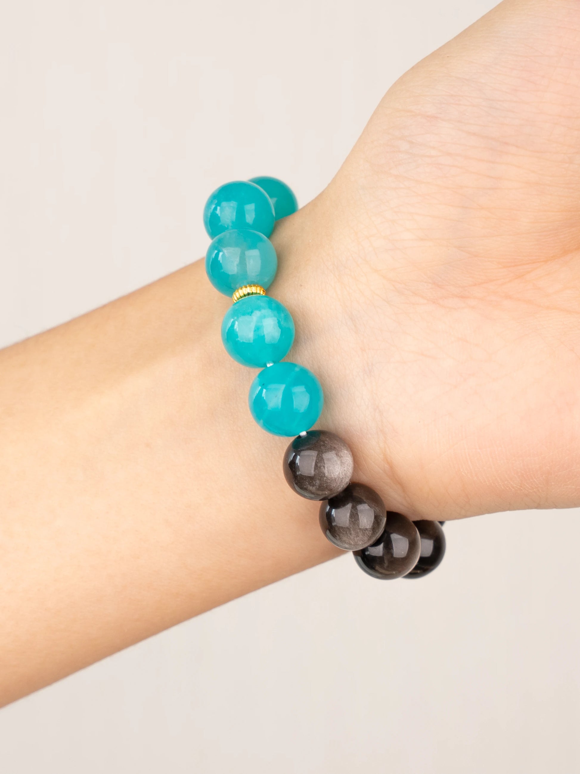 SENLLY Aqua Balance - Beaded Stretch Bracelet with Amazonite & Silver Obsidian, Handcrafted Natural Stone Jewelry for Calm, Clarity & Confidence