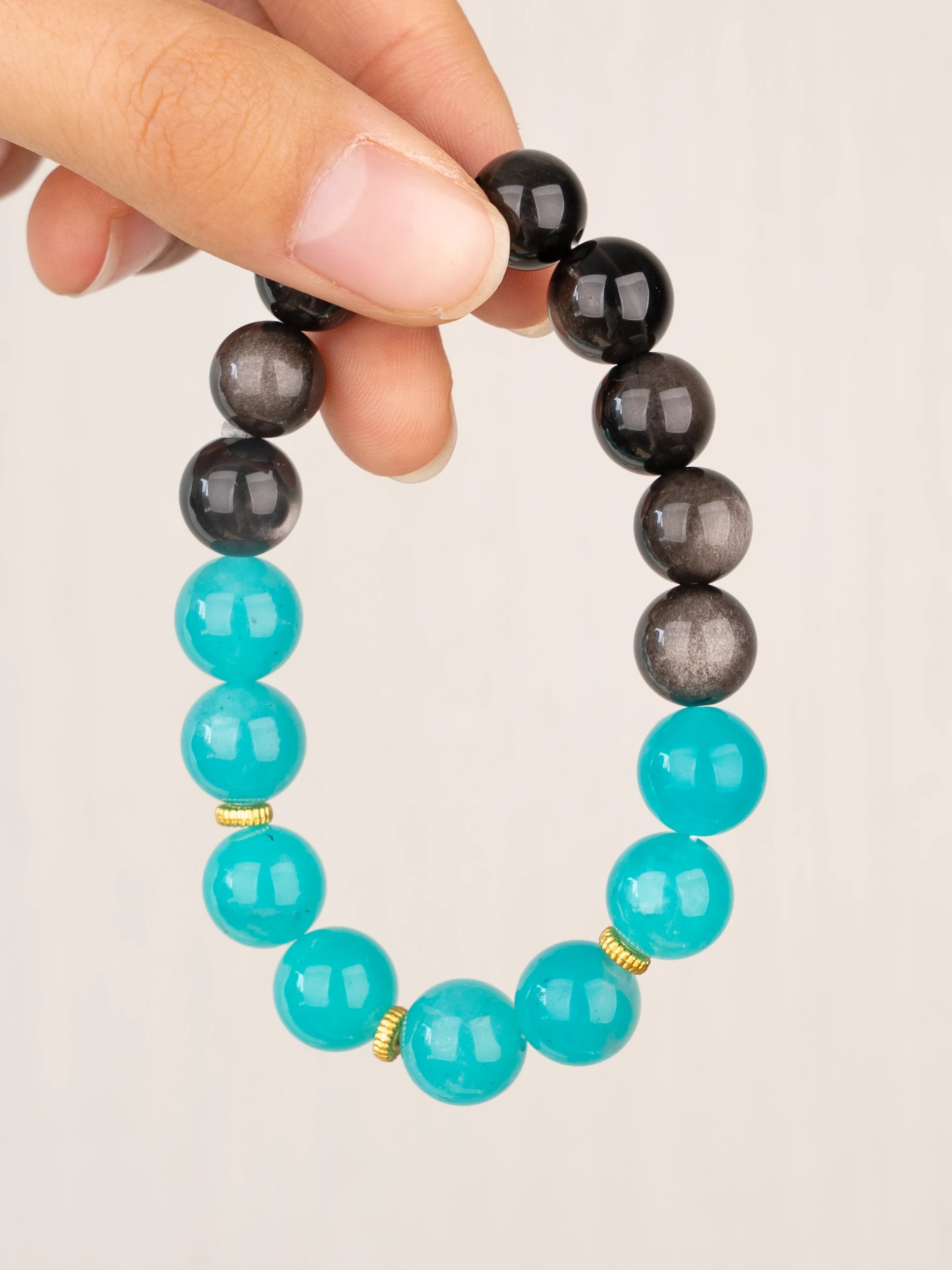 SENLLY Aqua Balance - Beaded Stretch Bracelet with Amazonite & Silver Obsidian, Handcrafted Natural Stone Jewelry for Calm, Clarity & Confidence