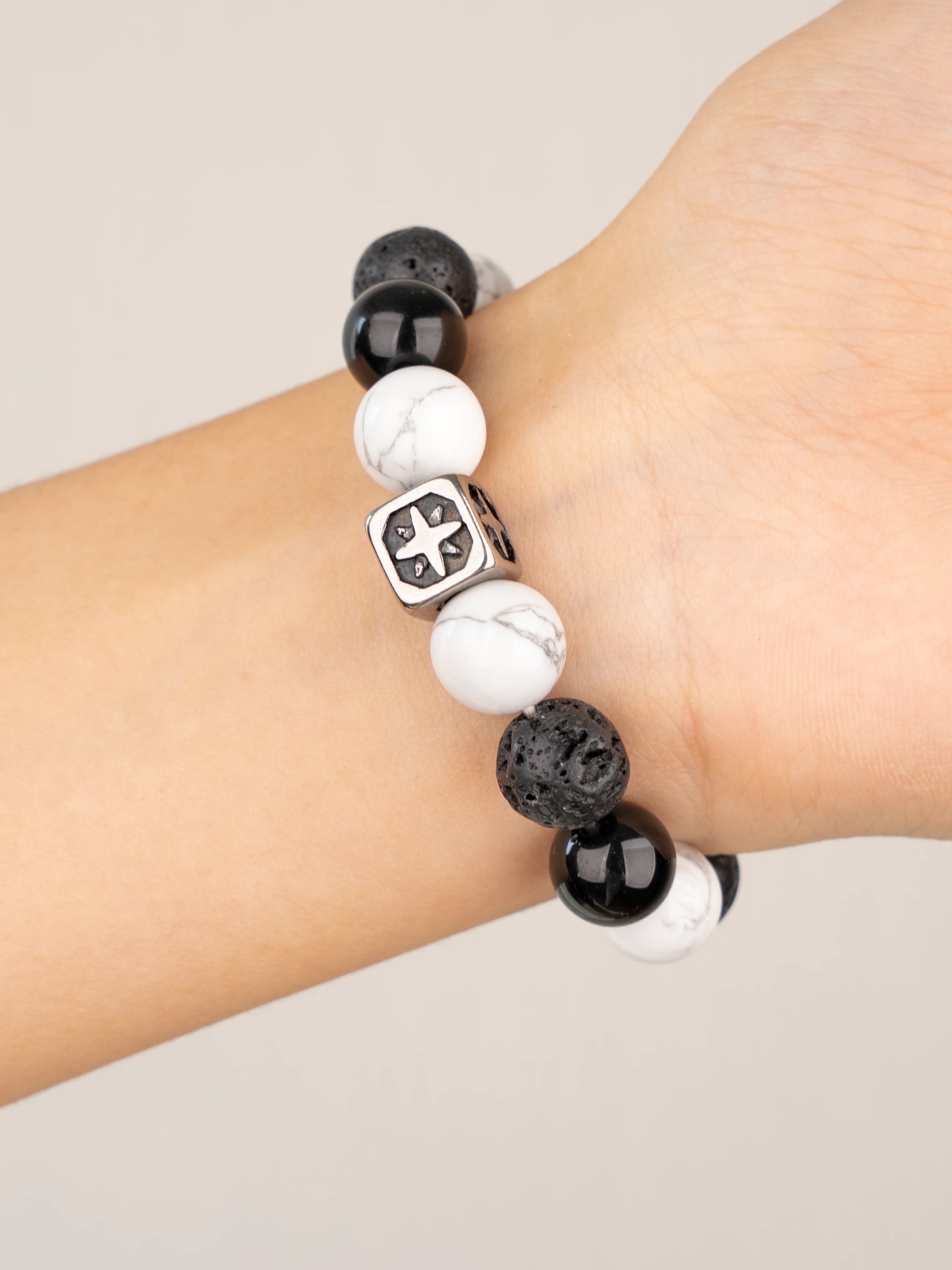 SENLLY Midnight Balance - Beaded Stretch Bracelet with Lava Rock, Howlite & White Agate, Handcrafted Natural Stone Jewelry for Grounding, Clarity & Calm