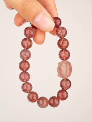 SENLLY Strawberry Whisker - Beaded Stretch Bracelet with Strawberry Quartz & Cat Head Carving, Handmade Natural Stone Jewelry for Joy, Warmth & Emotional Balance
