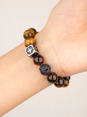 SENLLY Starforge Ember - Beaded Stretch Bracelet with Tiger Eye, Lava Rock & Signature Metal Accent, Handmade Natural Stone Jewelry for Strength, Focus & Grounded Energy