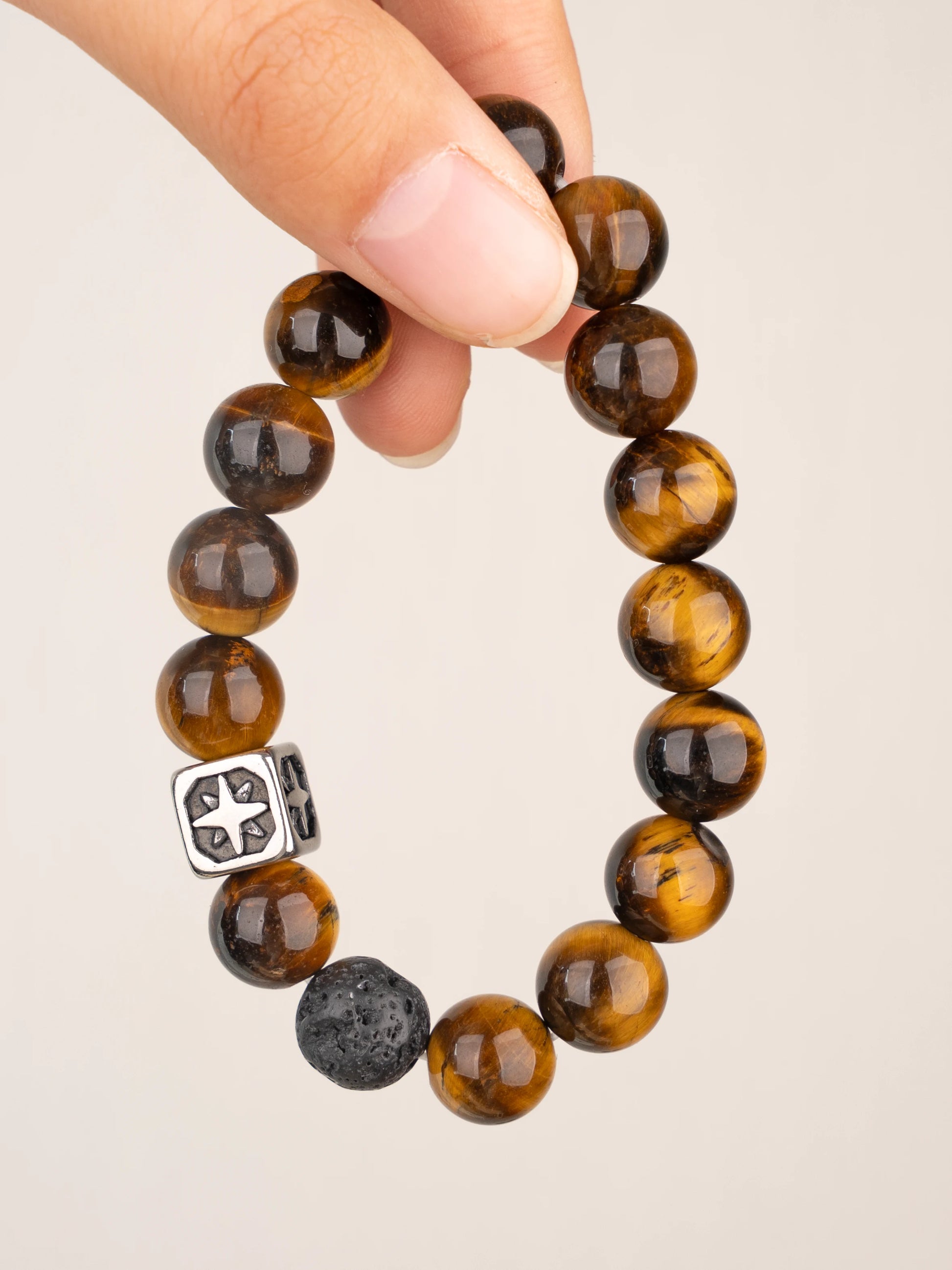SENLLY Starforge Ember - Beaded Stretch Bracelet with Tiger Eye, Lava Rock & Signature Metal Accent, Handmade Natural Stone Jewelry for Strength, Focus & Grounded Energy