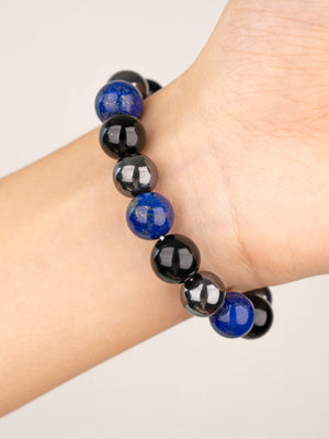 SENLLY Midnight Balance - Beaded Stretch Bracelet with Lapis Lazuli, Black Agate & Hematite, Handcrafted Natural Stone Jewelry for Calm, Clarity & Grounding