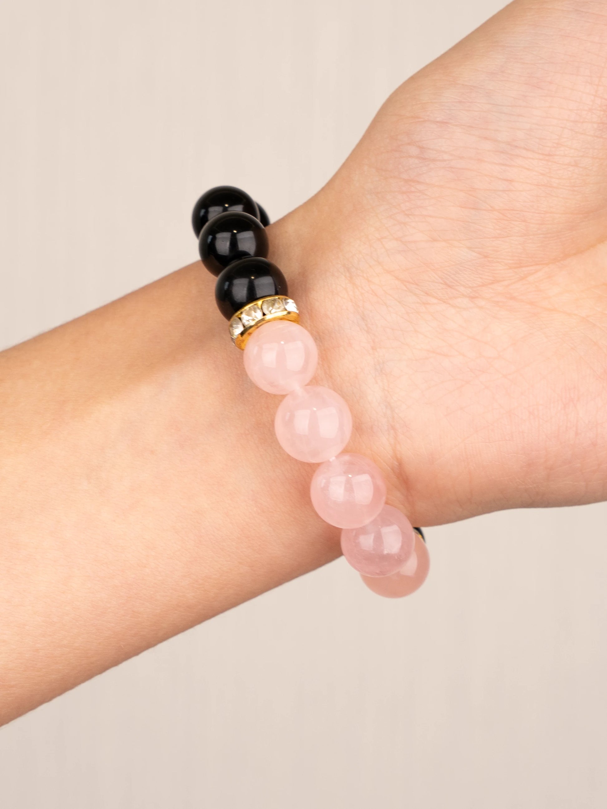 SENLLY Soft Harmony - Beaded Stretch Bracelet with Black Agate & Rose Quartz, Handmade Natural Stone Jewelry for Balance, Calm & Emotional Clarity