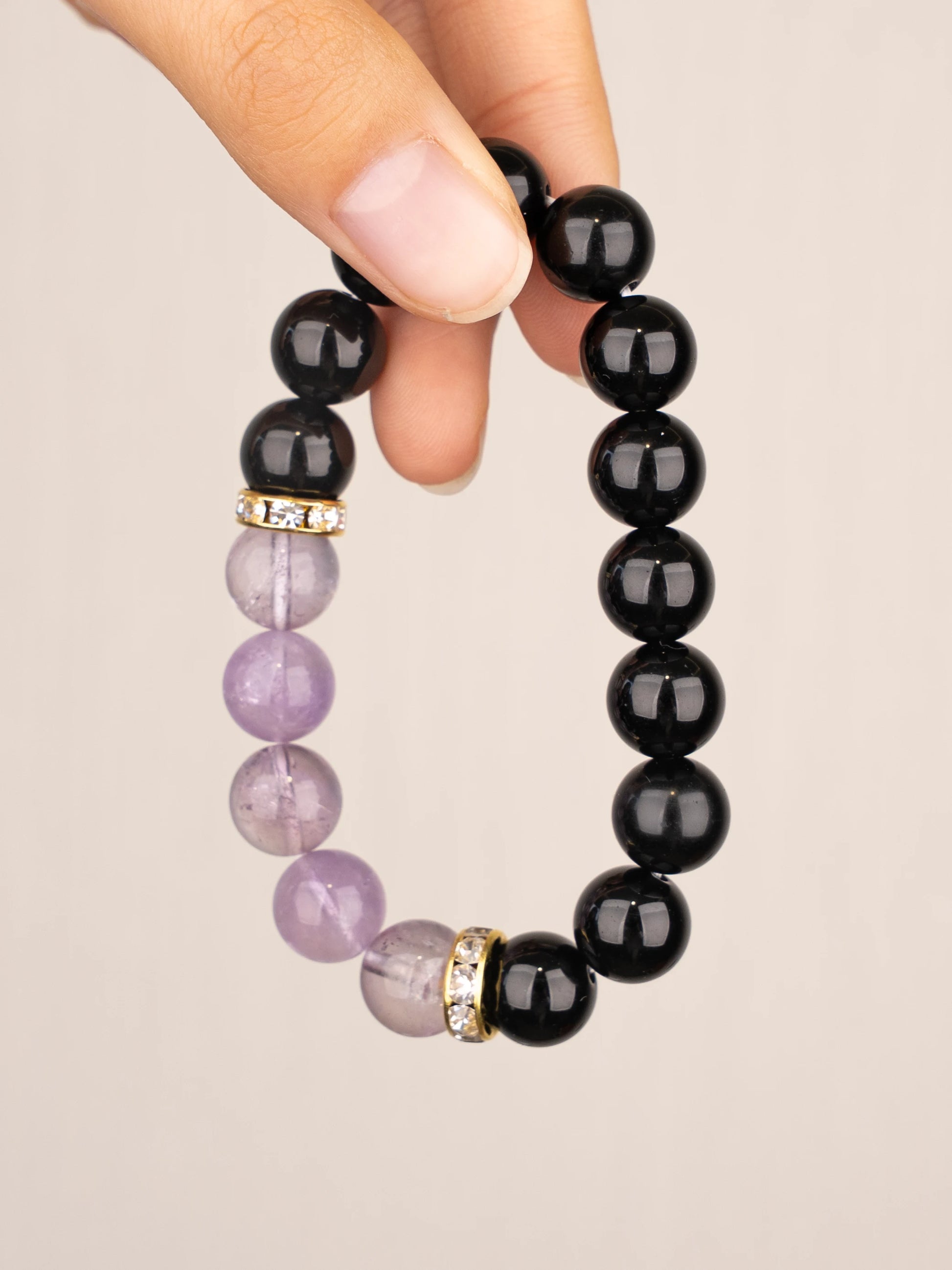SENLLY Lavender Clarity - Beaded Stretch Bracelet with Black Agate & Lavender Amethyst, Handmade Natural Stone Jewelry for Calm, Focus & Emotional Balance