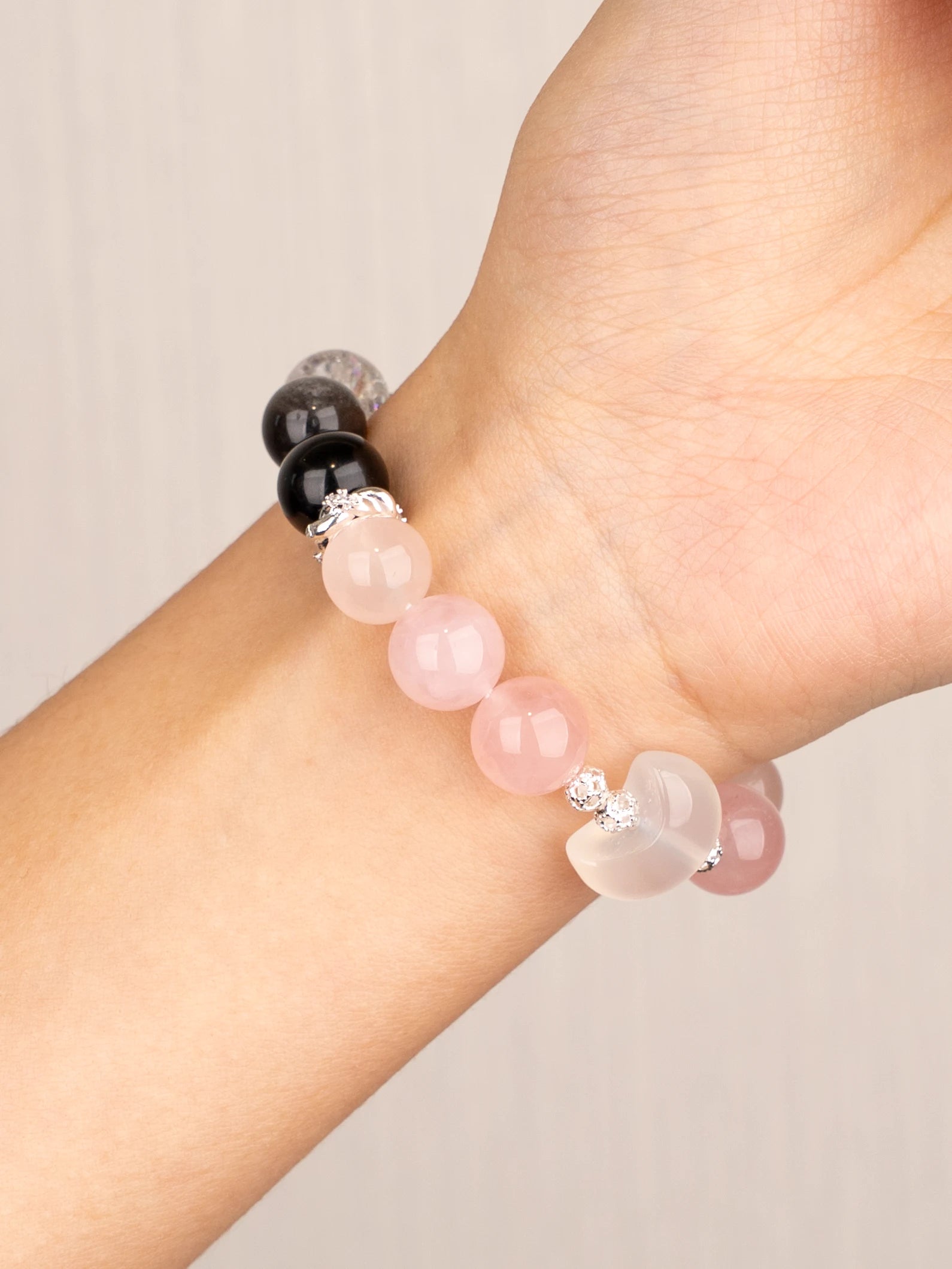 SENLLY Moonlit Affection - Natural Rose Quartz, Silver Obsidian & Azeztulite Beaded Bracelet, Handcrafted Natural Stone Jewelry for Harmony, Clarity & Emotional Balance