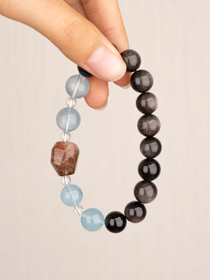 SENLLY Ocean Night Guardian - Beaded Bracelet with Natural Aquamarine, Silver Obsidian & Clear Quartz, Handcrafted Natural Stone Jewelry Featuring a Black Gold Super Seven Centerpiece