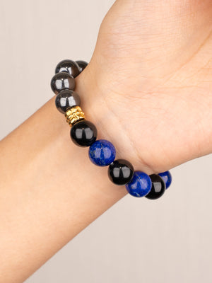 SENLLY Midnight Resolve - Beaded Stretch Bracelet with Natural Hematite, Lapis Lazuli & Black Agate, Handcrafted Natural Stone Jewelry for Strength, Clarity & Protection