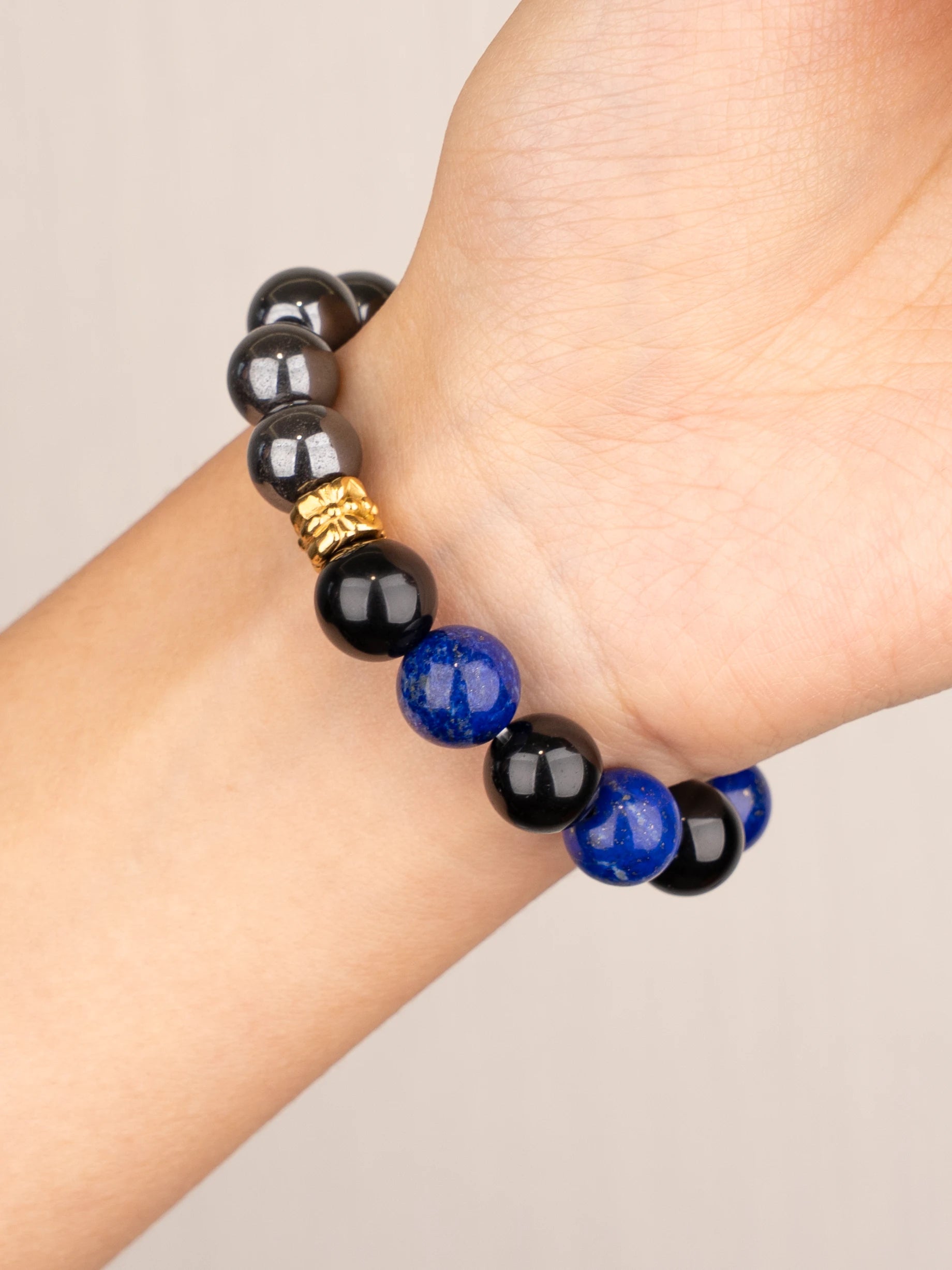 SENLLY Midnight Resolve - Beaded Stretch Bracelet with Natural Hematite, Lapis Lazuli & Black Agate, Handcrafted Natural Stone Jewelry for Strength, Clarity & Protection