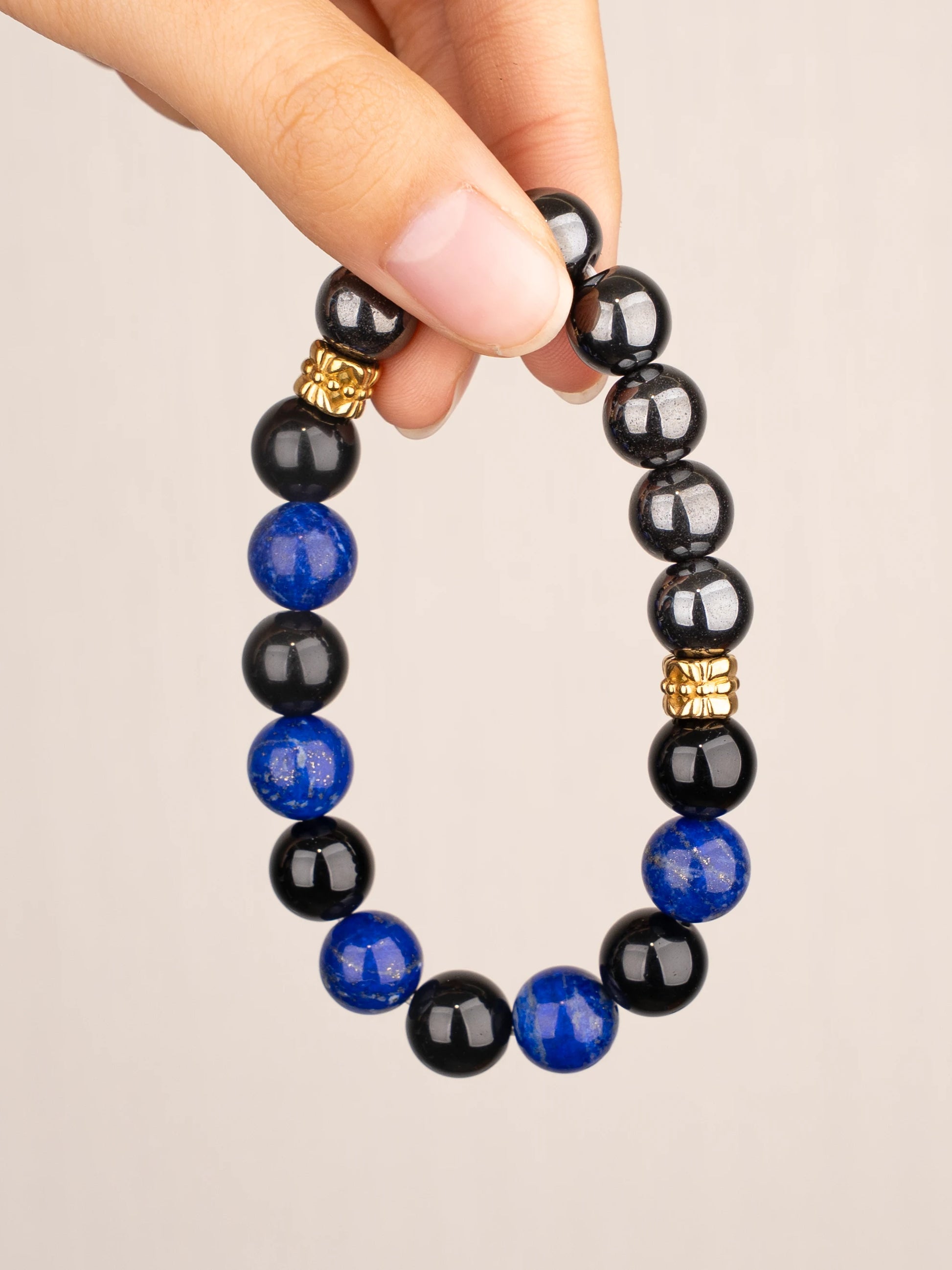 SENLLY Midnight Resolve - Beaded Stretch Bracelet with Natural Hematite, Lapis Lazuli & Black Agate, Handcrafted Natural Stone Jewelry for Strength, Clarity & Protection
