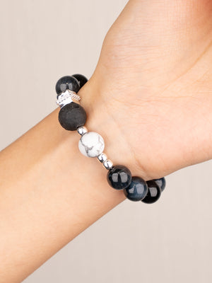 SENLLY Midnight Aegis - Beaded Stretch Bracelet with Natural Blue Tiger Eye, Silver Obsidian & Howlite, Handcrafted Natural Stone Jewelry for Strength, Focus & Grounding