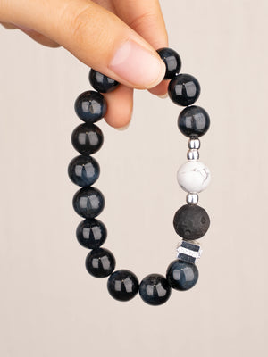 SENLLY Midnight Aegis - Beaded Stretch Bracelet with Natural Blue Tiger Eye, Silver Obsidian & Howlite, Handcrafted Natural Stone Jewelry for Strength, Focus & Grounding