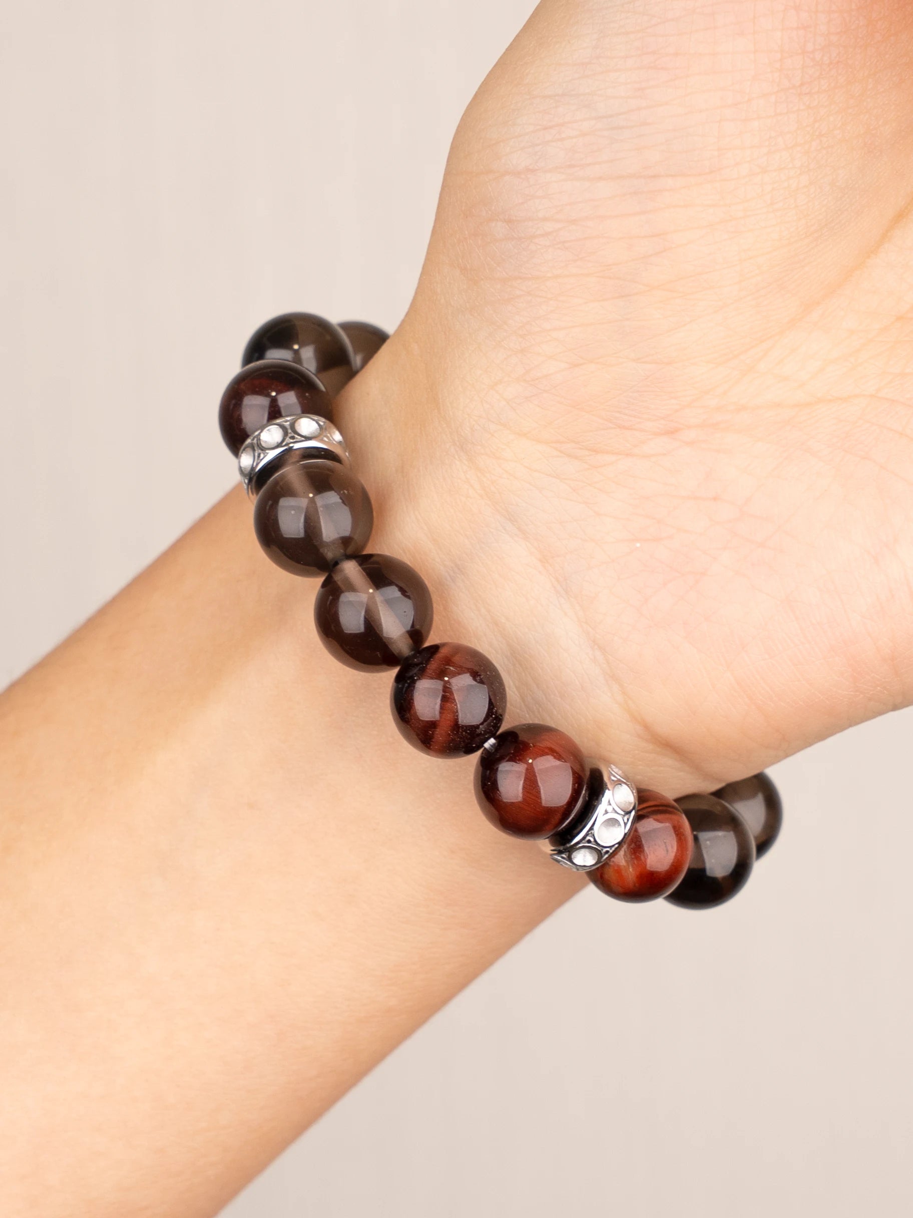 SENLLY Ember Resolve - Natural Red Tiger Eye & Smoky Quartz Beaded Bracelet, Handcrafted Natural Stone Jewelry for Strength, Focus & Grounding