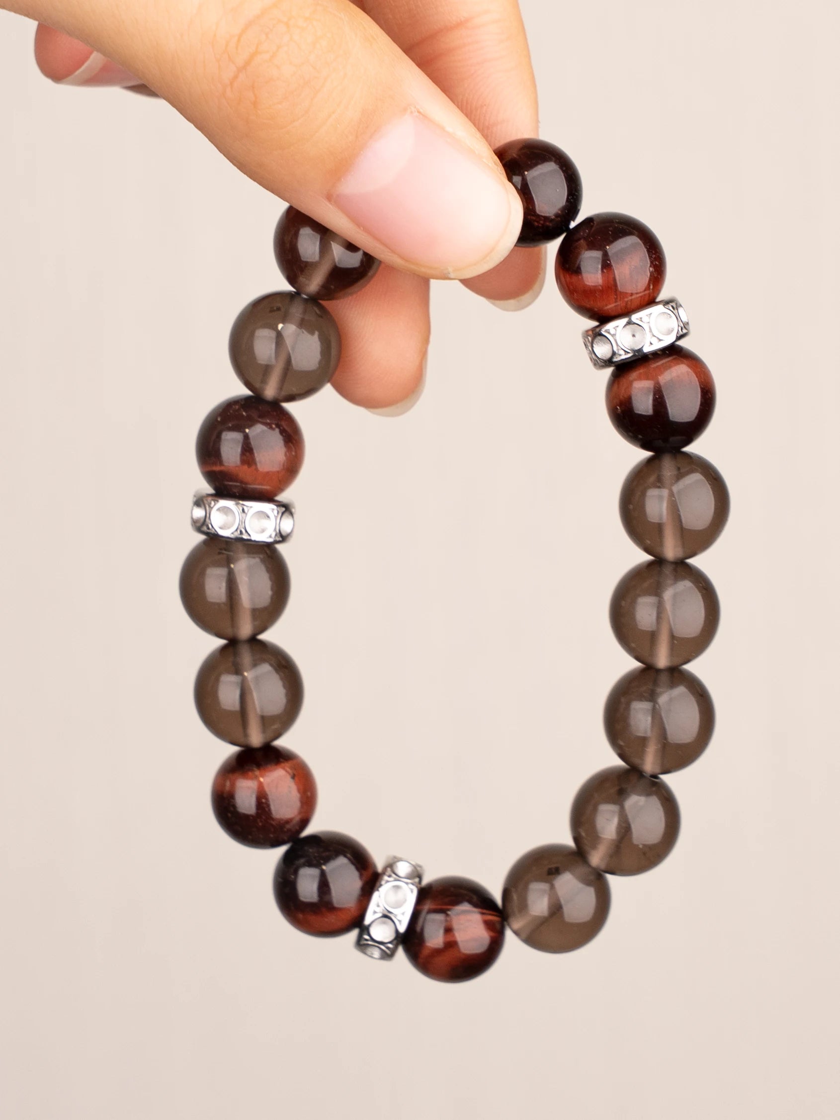 SENLLY Ember Resolve - Natural Red Tiger Eye & Smoky Quartz Beaded Bracelet, Handcrafted Natural Stone Jewelry for Strength, Focus & Grounding