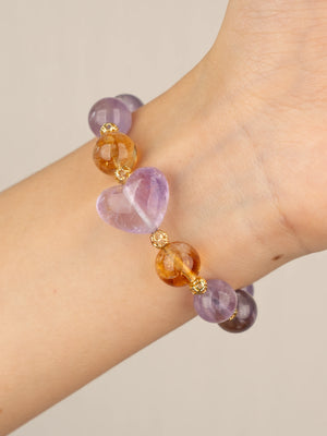 SENLLY Amethyst Heart Glow - Beaded Stretch Bracelet with Amethyst, Citrine & Heart-Shaped Amethyst Charm, Handmade Natural Stone Jewelry for Calm, Balance & Gentle Warmth