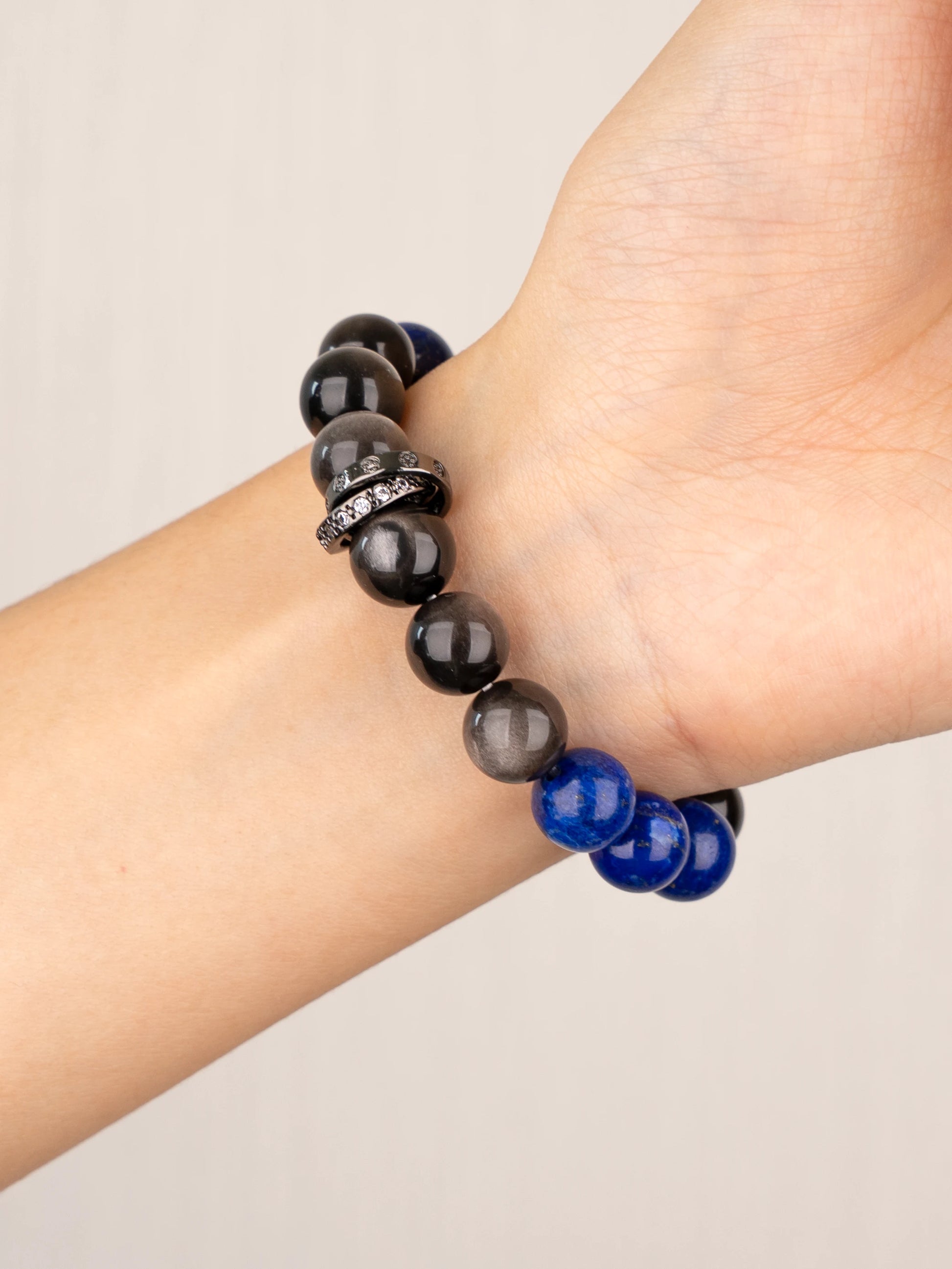 SENLLY Midnight Crest - Beaded Stretch Bracelet with Silver Obsidian & Lapis Lazuli, Handcrafted Natural Stone Jewelry for Clarity, Balance & Confidence