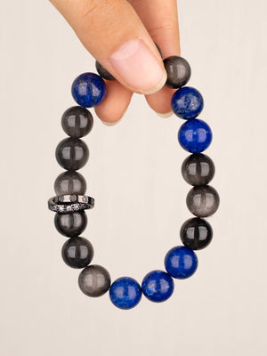 SENLLY Midnight Crest - Beaded Stretch Bracelet with Silver Obsidian & Lapis Lazuli, Handcrafted Natural Stone Jewelry for Clarity, Balance & Confidence