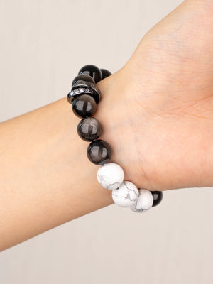 SENLLY Marble Shadow - Beaded Stretch Bracelet with Silver Obsidian & Howlite, Handcrafted Natural Stone Jewelry for Balance, Calm & Clarity