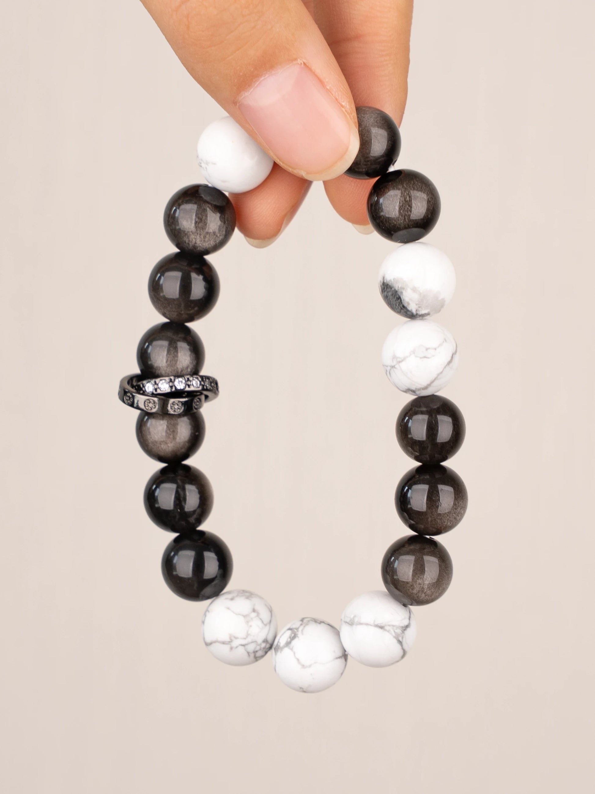 SENLLY Marble Shadow - Beaded Stretch Bracelet with Silver Obsidian & Howlite, Handcrafted Natural Stone Jewelry for Balance, Calm & Clarity