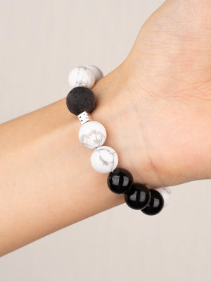SENLLY Monochrome Balance - Beaded Stretch Bracelet with Black Agate, Howlite & Silver Obsidian, Handmade Natural Stone Jewelry for Calm, Clarity & Balance