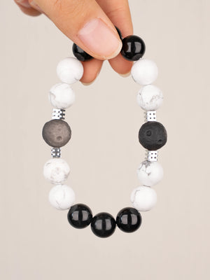 SENLLY Monochrome Balance - Beaded Stretch Bracelet with Black Agate, Howlite & Silver Obsidian, Handmade Natural Stone Jewelry for Calm, Clarity & Balance