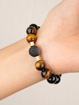 SENLLY Earthbound Focus - Beaded Stretch Bracelet with Tiger Eye, Black Agate & Silver Obsidian, Handmade Natural Stone Jewelry for Confidence, Balance & Clarity