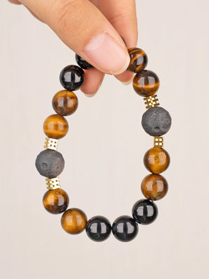 SENLLY Earthbound Focus - Beaded Stretch Bracelet with Tiger Eye, Black Agate & Silver Obsidian, Handmade Natural Stone Jewelry for Confidence, Balance & Clarity