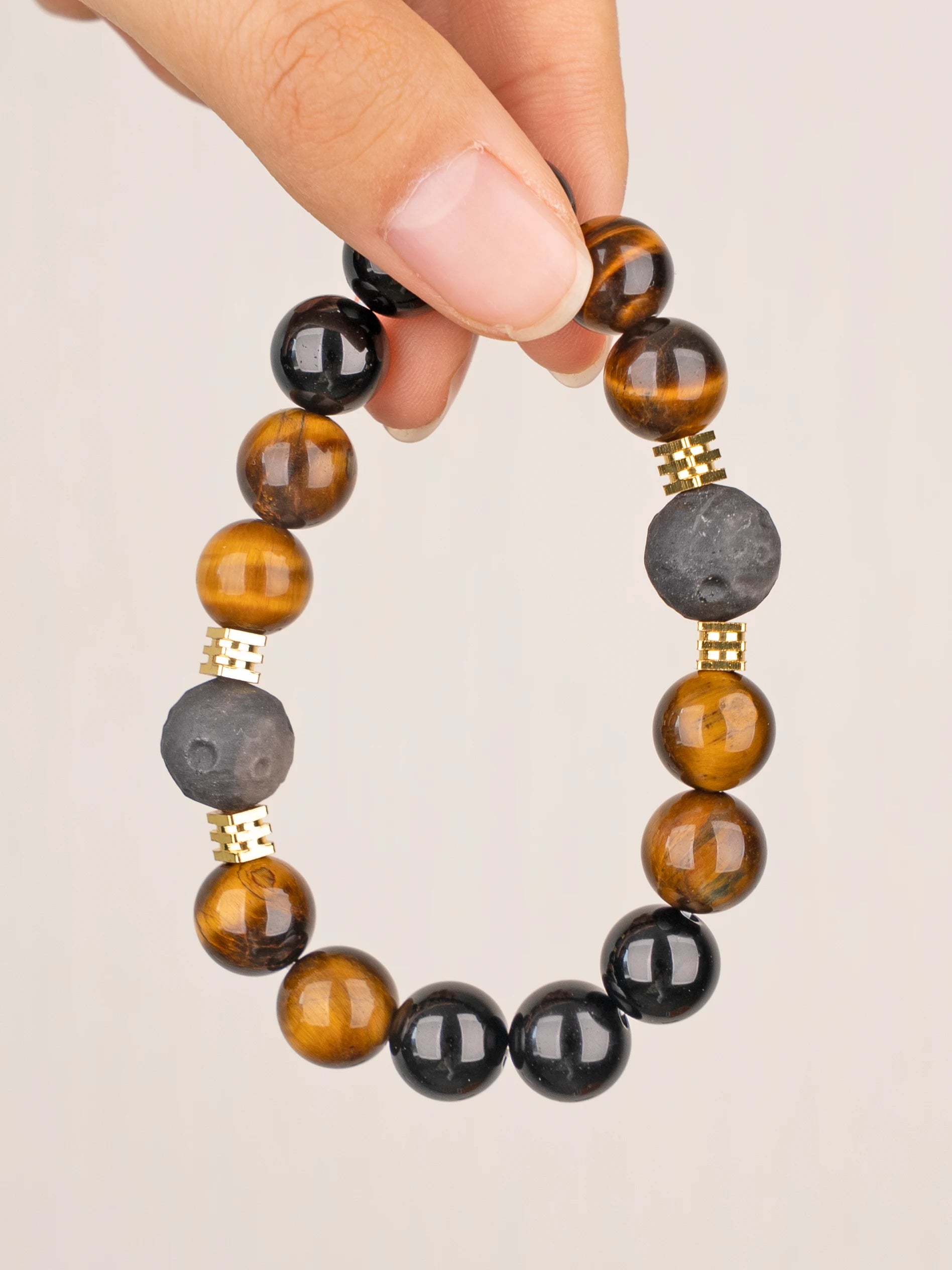 SENLLY Earthbound Focus - Beaded Stretch Bracelet with Tiger Eye, Black Agate & Silver Obsidian, Handmade Natural Stone Jewelry for Confidence, Balance & Clarity