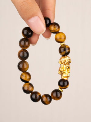 SENLLY Golden Focus - Beaded Stretch Bracelet with Tiger Eye & Brass Pixiu, Handmade Natural Stone Jewelry for Confidence, Balance & Grounding