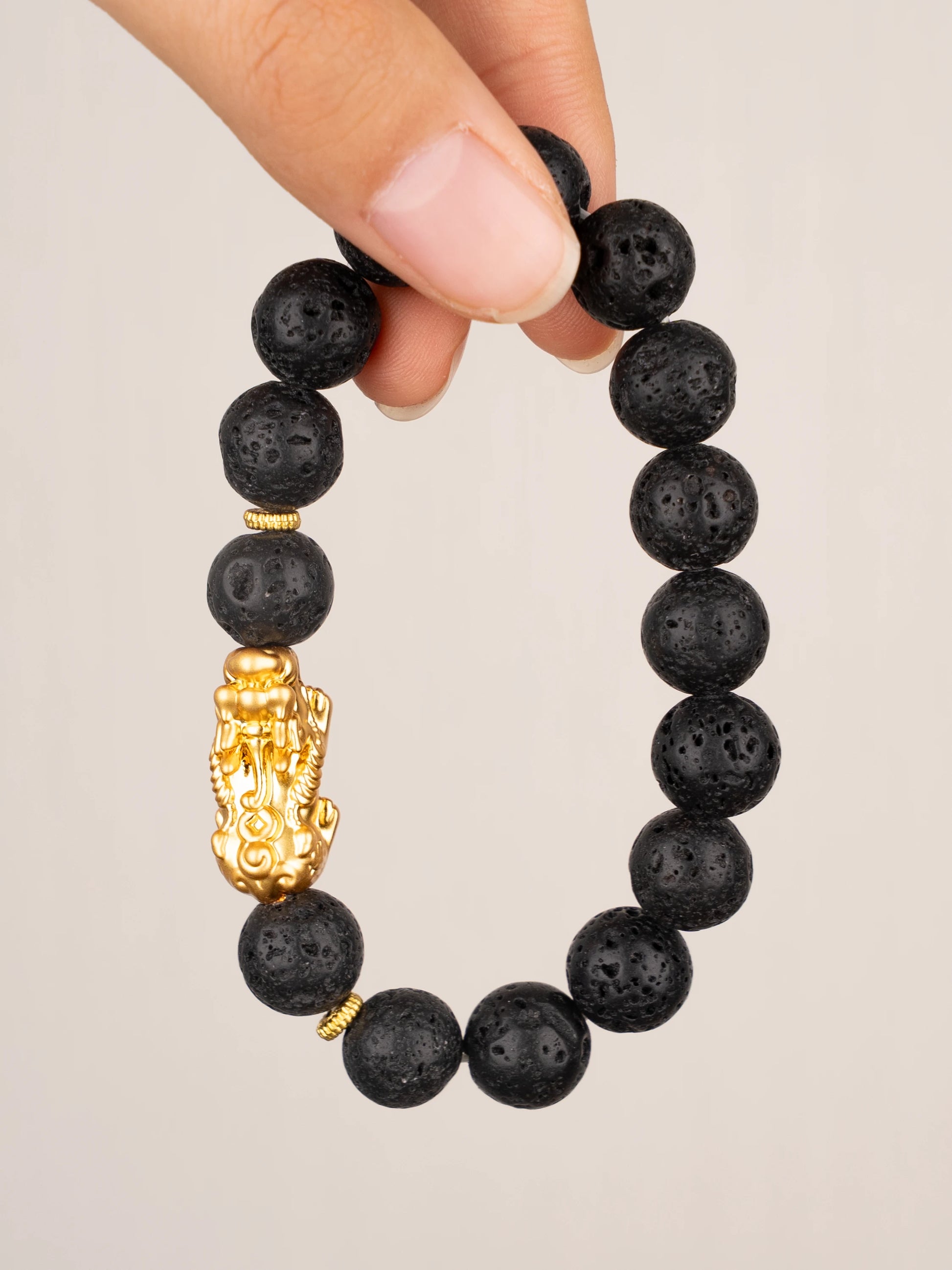 SENLLY Shadow Ember - Beaded Stretch Bracelet with Lava Rock & Brass Pixiu, Handmade Natural Stone Jewelry for Grounding, Balance & Comfort