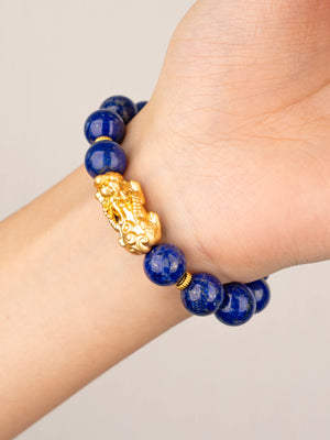 SENLLY Royal Clarity - Beaded Stretch Bracelet with Lapis Lazuli & Brass Pixiu, Handmade Natural Stone Jewelry for Clarity, Balance & Confidence