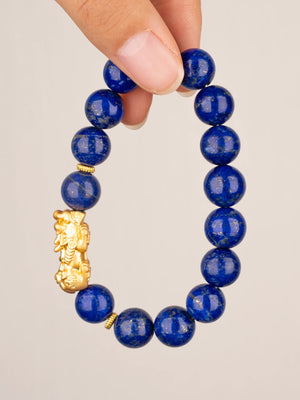 SENLLY Royal Clarity - Beaded Stretch Bracelet with Lapis Lazuli & Brass Pixiu, Handmade Natural Stone Jewelry for Clarity, Balance & Confidence