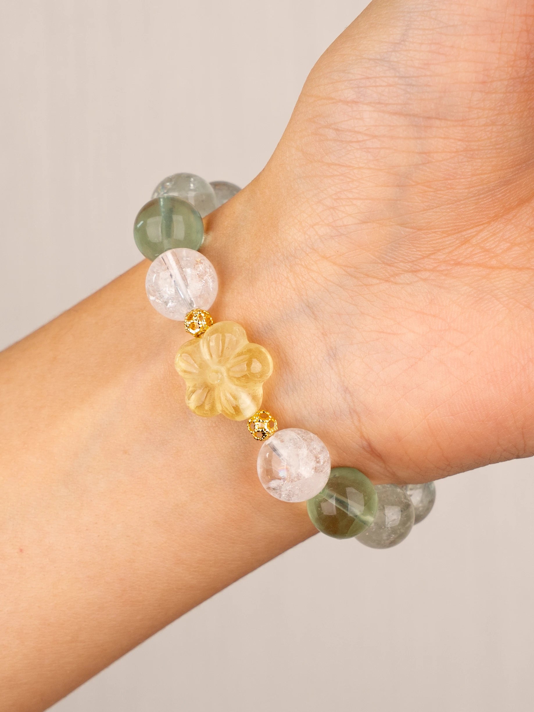 SENLLY Meadow Serenity - Beaded Stretch Bracelet with Natural Green Fluorite, Green Azeztulite, Strawberry Quartz & Citrine, Handcrafted Natural Stone Jewelry for Calm, Clarity & Emotional Balance