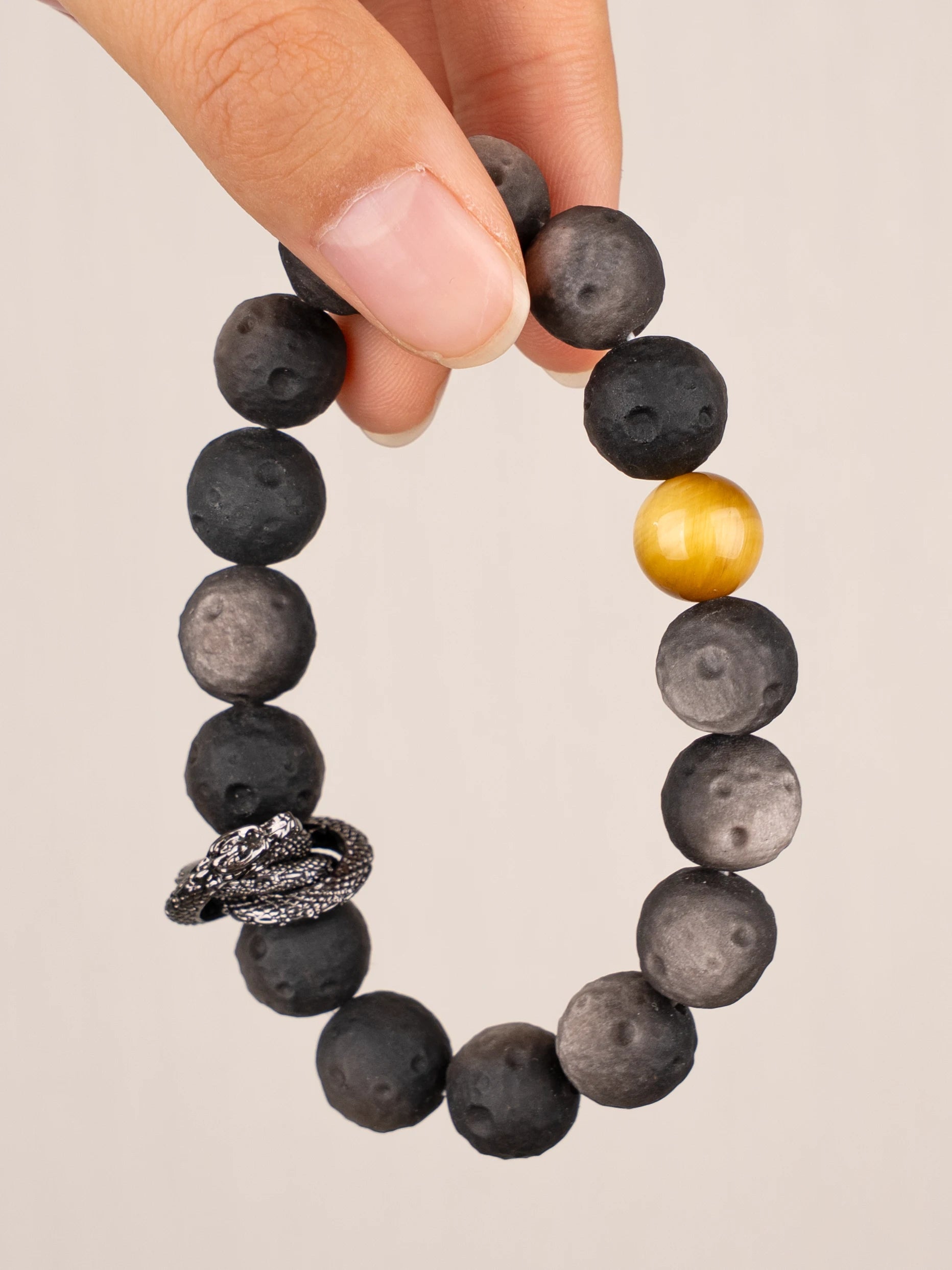 SENLLY Shadow Serpent - Silver Obsidian Bracelet with Gold Tiger Eye Accent, Handcrafted Natural Stone Jewelry for Protection, Focus & Grounded Strength