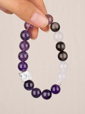 SENLLY Violet Axis - Beaded Stretch Bracelet with Natural Amethyst, Lavender Amethyst & Silver Obsidian, Handcrafted Natural Stone Jewelry for Calm, Clarity & Inner Balance