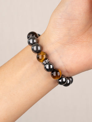 SENLLY Steel Aegis - Beaded Stretch Bracelet with Natural Hematite & Tiger Eye, Handcrafted Natural Stone Jewelry for Strength, Focus & Grounding