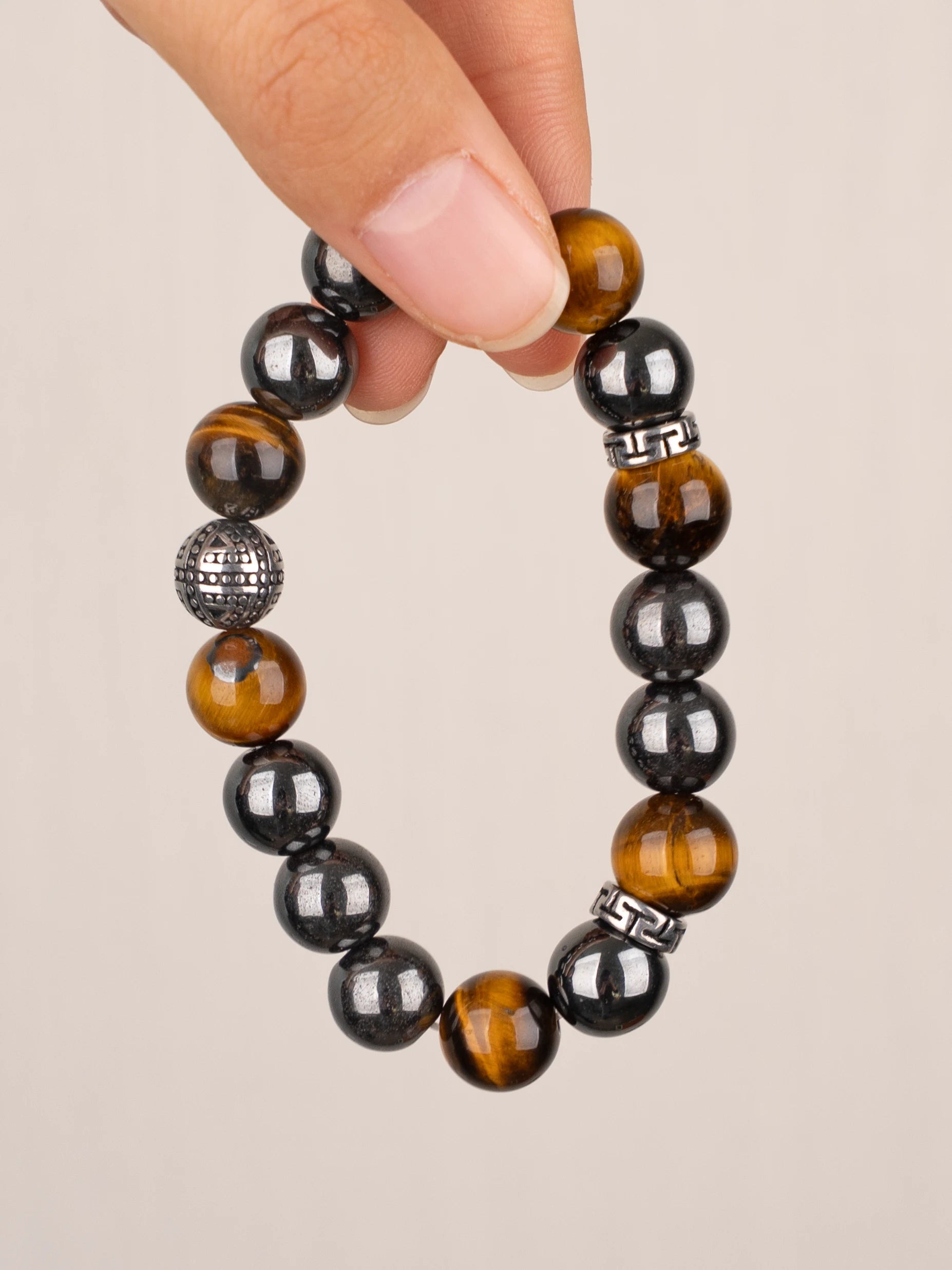 SENLLY Steel Aegis - Beaded Stretch Bracelet with Natural Hematite & Tiger Eye, Handcrafted Natural Stone Jewelry for Strength, Focus & Grounding