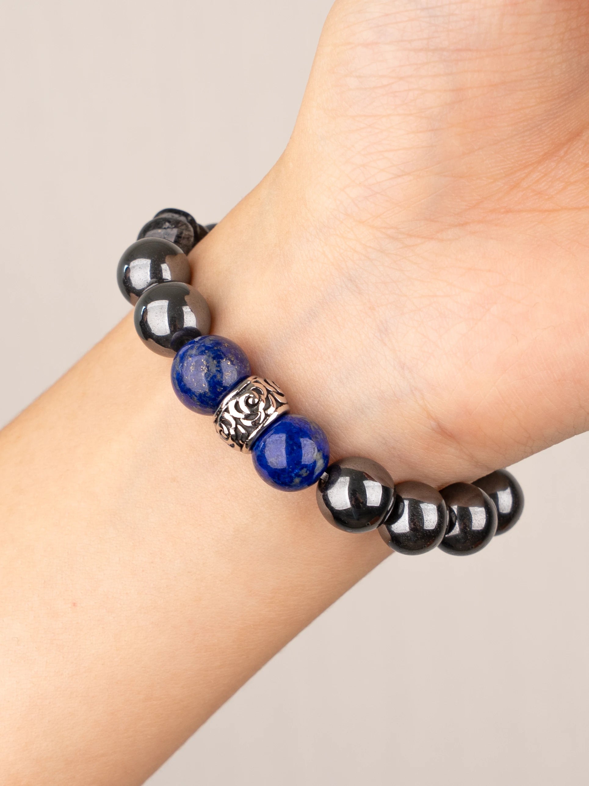 SENLLY Midnight Focus - Natural Hematite Bracelet with Lapis Lazuli Accents, Handcrafted Natural Stone Jewelry for Clarity, Confidence & Modern Strength