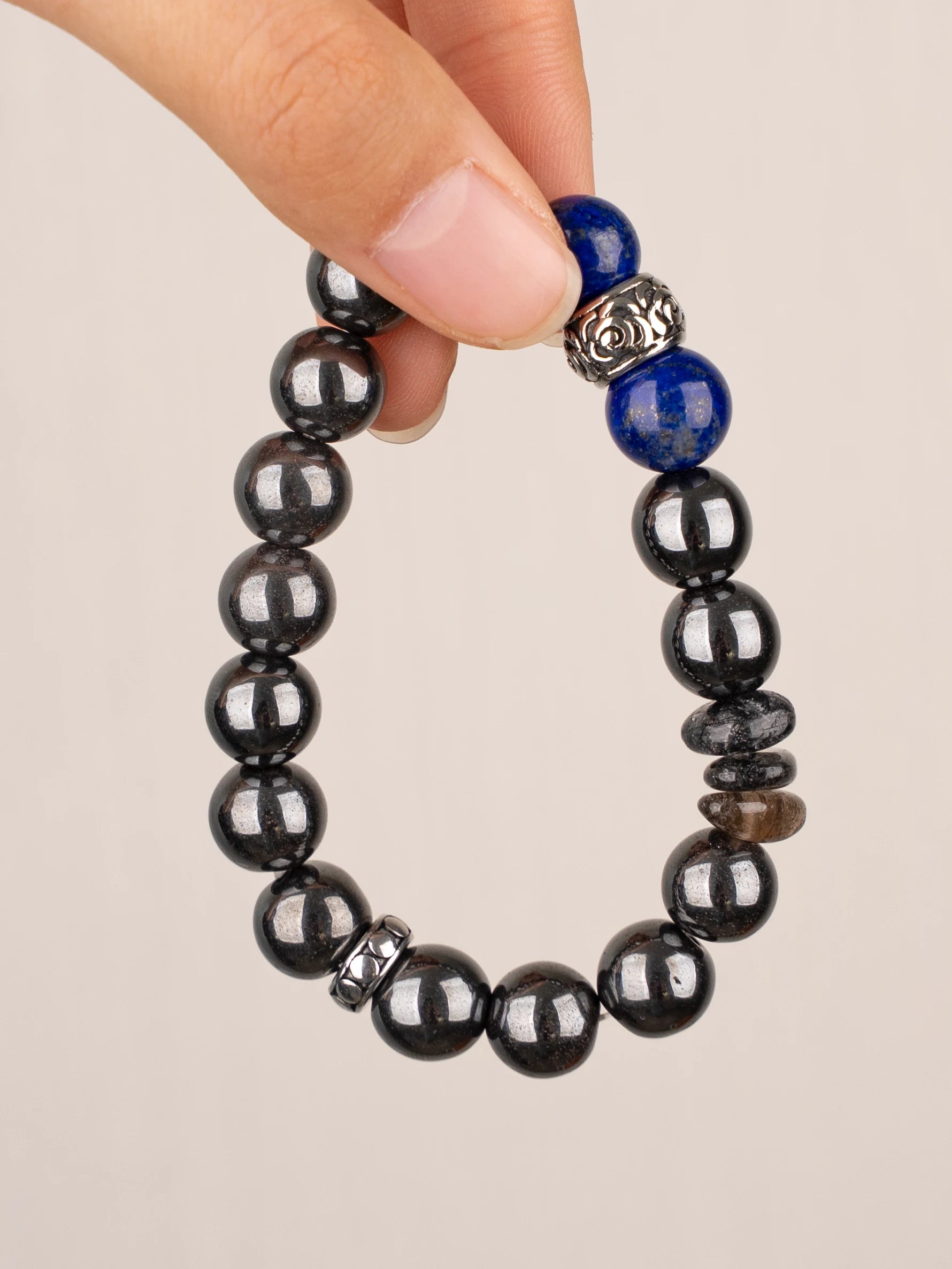 SENLLY Midnight Focus - Natural Hematite Bracelet with Lapis Lazuli Accents, Handcrafted Natural Stone Jewelry for Clarity, Confidence & Modern Strength
