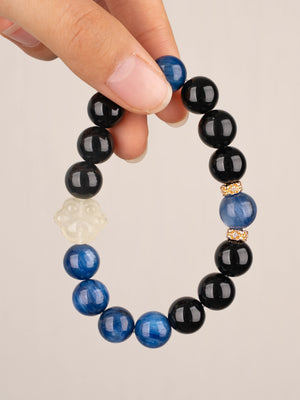 SENLLY Midnight Paw - Beaded Stretch Bracelet with Natural Black Agate, Kyanite & Citrine, Handcrafted Natural Stone Jewelry for Clarity, Strength & Balance