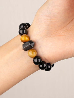 SENLLY Ember Shadow - Black Agate, Tiger Eye & Silver Obsidian Bracelet, Handcrafted Natural Stone Jewelry for Strength & Modern Style
